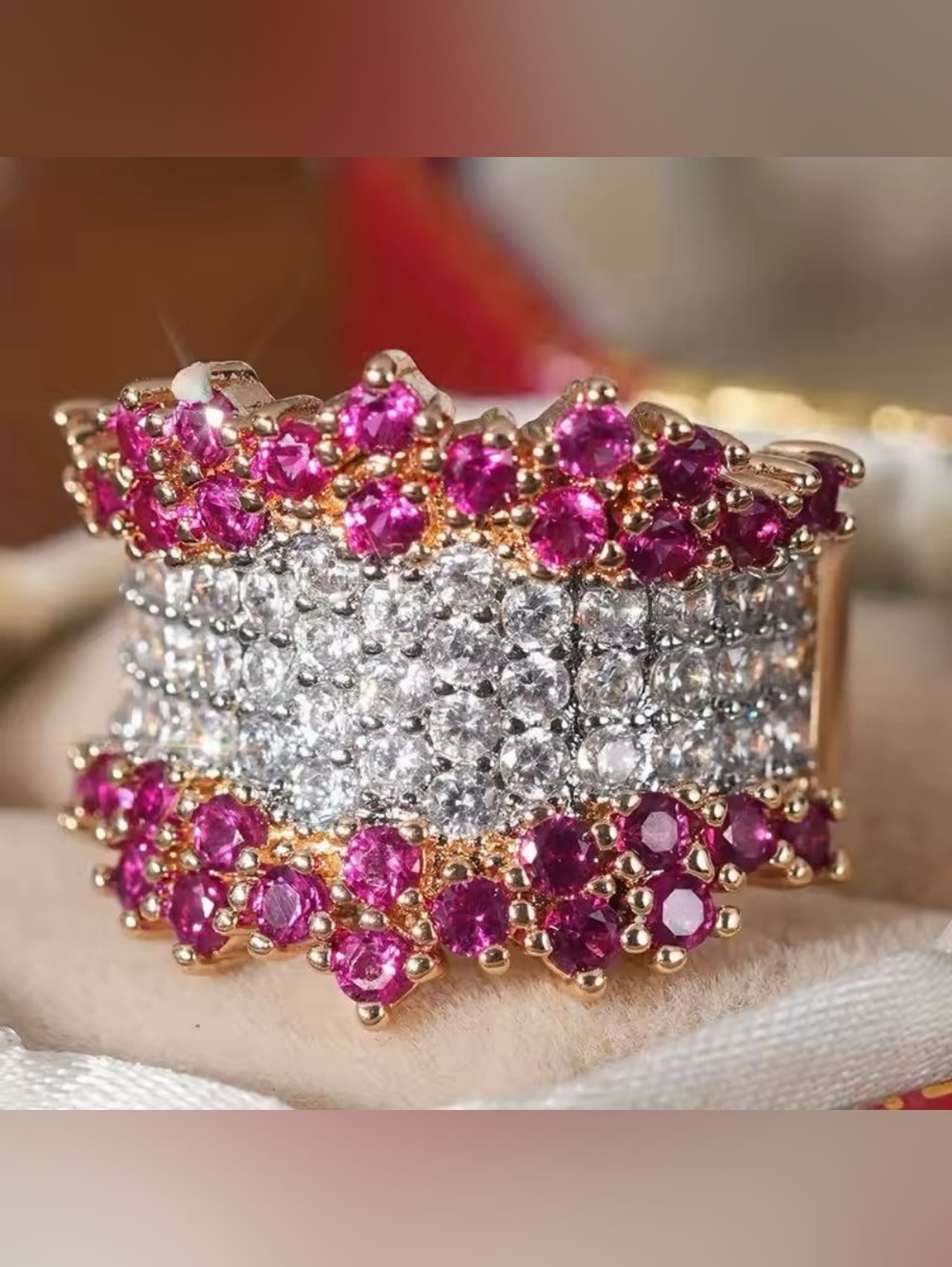 Ultra Luxury elegant Gold Band Ring with Pink Stones and White Accents - Picture 3 of 5